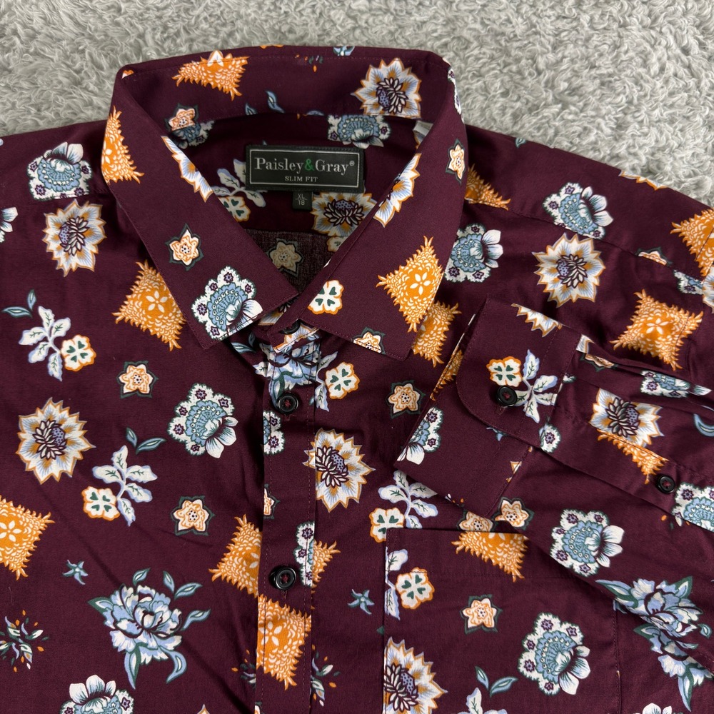 Paisley & Gray Mens Slim Fit Burgundy Floral Medallion‎ Button Down Shirt XL 18